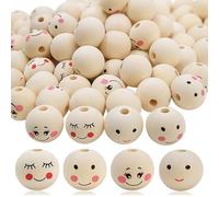 Uryxery Perles en Bois avec Visage 100 Pièces, Ø 20 mm, Trou env. 4,5 mm, 4 Motifs, Tête en Bois avec Visage pour vers de Soucis et vers Porte-Bonheur, DIY Macramé Bijoux et Décoration