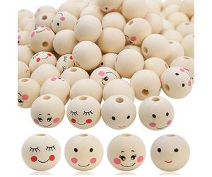 Uryxery Perles en Bois avec Visage 100 Pièces, Ø 20 mm, Trou env. 4,5 mm, 4 Motifs, Tête en Bois avec Visage pour vers de Soucis et vers Porte-Bonheur, DIY Macramé Bijoux et Décoration