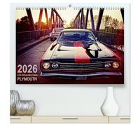 US-Muscle-Cars - Plymouth (hochwertiger Premium Wandkalender 2026 DIN A2 quer), Kunstdruck in Hochglanz: Zwei echte amerikanische Oldtimer-Boliden der 60er
