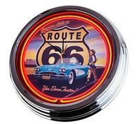 US-Way.de Horloge murale décorative Route 66" - 44 cm de diamètre - Sans bruit de tic-tac et écran facile à lire - Horloge néon des années 50 pour cuisine, bureau - Orange