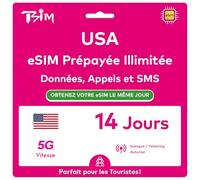 USA eSIM 14 Jours. Réseau T-Mobile avec Données Illimitées à Haute Vitesse, Appels Locaux et SMS aux USA (Hawaï Inclus). Recevez eSIM Même Jour par Email et Commencez à Utiliser Immédiatement!