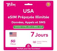 USA eSIM 7 Jours. Réseau T-Mobile avec Données Illimitées à Haute Vitesse, Appels Locaux et SMS aux USA (Hawaï Inclus). Recevez eSIM Même Jour par Email et Commencez à Utiliser Immédiatement!