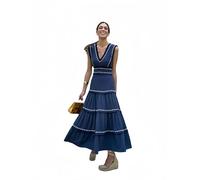 USADRETTYK Robe Débardeur Trapèze Femmes Vintage Splice Robe De Midi Élégant Col en V sans Manches Robe Taille Haute-Bleu Foncé-L