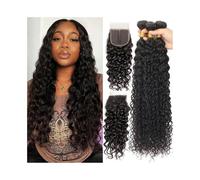 Usage quotidien Mèches de cheveux humains péruviens Remy ondulés avec fermeture 4x4 Extensions de cheveux(8 8 With 8)