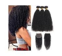 Usage quotidien Mèches de cheveux malaisiens vierges crépus bouclés avec fermeture 4×4 et mèches de cheveux humains avec fermeture en dentelle Extensions de cheveux(8 8 8 Closure 8)