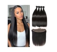 Usage quotidien Tissage en cheveux humains brésiliens vierges, lisses et soyeux, avec dentelle frontale 13x4 Extensions de cheveux(22 22 24 with 20)