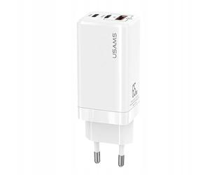 USAMS GaN USB C + (USB-C2+ USB) Chargeur rapide à 3 ports PPS : PD3.0/QC4.0+/SCP/AFC compatible avec MacBook Pro/Air, Dell XPS 15, iPhone 11/12/13 Series, iPad Pro, Galaxy S22, S21, etc. Blanc