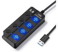 USB 3.0, 4 in 1 Multi-Socket USB Hub with LED Light, Multiple USB Port for PC with 1USB 3.0 and 3USB 2.0, Multiple USB Ports for Data Transfer and Charging, Independent Switch
