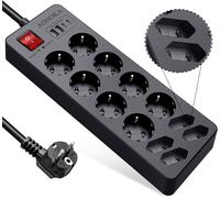 USB C 12 Sockets, Power Strip Surge Arrester Up to 1700 Joules, 4 USB Ports Electric Extension Cord, Multiple Socket with Child Protection Switch, 1.5 m Cable, Black
