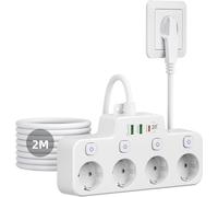 Usb C 20W Power Strip With Individual Switch, 4 Sockets Wall Socket With Usb C And 2 Usb-A Qc 18W, Flat Power Strip Back Cabinet With Surge Arrester And Surge, 2 M Cable, White
