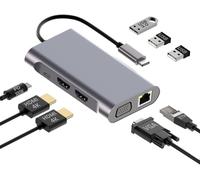 Usb-C À Dual Hdmi Hub - Hub Usb 8-En-1 Et Adaptateur Pd 100W Station D'Accueil Vers Usb 3.0,2X Usb 2.0,2X Hdmi,Vga,Pd Et Eth - Triple Affichage Pour Tablettes,Smartphones Etc. - Aluminium