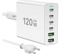 USB C Charger 120W GaN, Multiple USB Charger [4USB-C + 2USB-A] PD Charger, 6 USB C Ports Charging Station Compatible with iPhone/Samsung/Google/Tablet/Mobile Power and Other USB Devices (White)