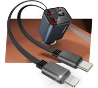 USB C Cigarette Lighter, 65W 4-in-1 Retractable Car Charger, with Retractable USB C Cables and Lightning Cable, Cigarette Lighter Charger for iPhone 16/15, Samsung S24/23/22, iPad ¿ Blue-Black