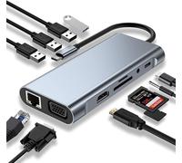 USB C HUB, 11 in 1 USB C Adapter with 4K-HDMI, VGA, USB 3.0, Type C PD, RJ45 Ethernet, SD/TF Card Reader, 3.5mm AUX, Compatible with MacBook Pro/Air, Plus Type C Devices