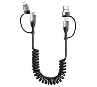 USB C & Lightning 4 in 1 Retractable Coiled Data Sync Cable for CarPlay and Android Auto 60W Fast Charging Phone Cable for iPhone 15/14/13/12/11/iPad/iPod