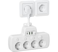 USB C Multi-Socket with Single Switch Wall Socket 4 Sockets and 3 USB Charger Power Strip Power Socket Adapter USB Short Cable for Home, Office, Kitchen, White
