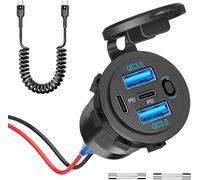 Usb-C Socket 12v 90w 4 Ports Car, Dual Pd 36w & Qc 18w Car Charger Socket With Button And C-C Cable Fast Charge Tablet Gps Mobile Compatible Boat/Camper/Truck/Motorcycle