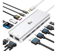 USB-C Station d'accueil 4 Moniteur Docking Station 13 en 1 USB C Hub avec DisplayPort 8K@30Hz, 2 HDMI 4K@60Hz, VGA, 3 USB A/C 3.1(10Gbps), PD 100W, Gigabit Ethernet, SD/TF pour MacBook Dell HP, Argent