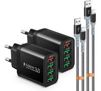 USB Charger, 4 Ports 33W with QC 3.0 USB Fast Charger, Multiple USB Charger with 2 x 2m/3m Fast Charging Cable, USB Adapter for Samsung Galaxy S24/23/22/21, iPad Pro, LG, Sony