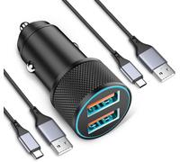 Usb Cigarette Lighter, 36w Fast Car Charger With 2 Braided Nylon Type C Cables, Alloy Power Adapter Plug, Compatible With Iphone 16 15 Pro, Samsung S24/S23, Google 9/8/7
