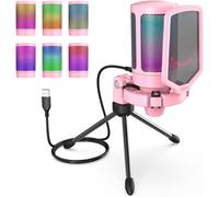 USB Gaming Microphone,RGB Capacitor Microphone for PC PS5,with Silence Button,Shockproof Mount,Tripod Stand,Pop Filter,for Streaming Discord Twitch Podcasts