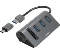 USB Hub / Reader Cards, 5 Ports, 3X USB-A, SD, microSD, with Adapter. USB-A, 10 Year Warranty, Grey