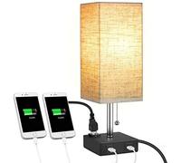 USB Lampe de table, moderne lampe de chevet Table de chevet avec USB double port de charge, bureau abat-jour en tissu Lampe, pratique chainette pour Chambre, Salon, Bureau