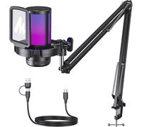 USB Micro Gaming,RGB Condenser Microphone with Noise Reduction/Mute/Gain/Monitor/Microphone Arm,for Recording,Streaming,Postcast,Discord,Computer,Compatible with Mac,PS4&5
