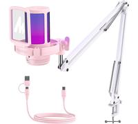 USB Micro Gaming,RGB Condenser Microphone with Noise Reduction/Mute/Gain/Monitor/Microphone Arm,for Recording,Streaming,Postcast,Computer,Compatible with Mac,PS4&5,Pink