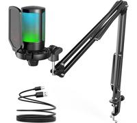 USB Micro Gaming with Arm for PC PS4 PS5,Condenser Microphone for Streaming Podcast Studio,with Silence Button,Shockproof Mount,Microphone Stand,Pop Filter,RGB