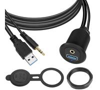 Usb3.0 & 3.5Mm Audio Filetée Fixation Embarqué Voiture Étanche Câble 5Gbps Trs 3.5Mm & Usb3.0 Bord Tableau Panneau Montage Extension Câble, Led,Al Boîtier,Pour Voiture Bateaux Moto,2M/6.5Ft