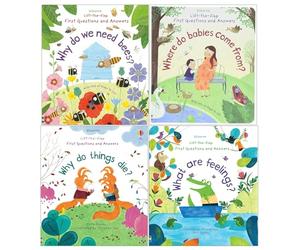 Usborne Lift-The-Flap First Questions and Answers 4 Books Set (Where Do Babies Come From?, What are Feelings?, Why do we need Bees?, Why do things Die?)