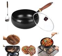 Usceshonn Iron Pot, 2025 Uncoated Thick Iron Pot, Handmade Hammered Large Belly Pots with Wooden Lid/Glass Cover, Easy to Clean, for Baking, Cooking, Stewing (Glass Cover*A,9.44in/24cm)