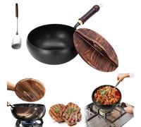 Usceshonn Iron Pot, 2025 Uncoated Thick Iron Pot, Handmade Hammered Large Belly Pots with Wooden Lid/Glass Cover, Easy to Clean, for Baking, Cooking, Stewing (Wood Cover*B,9.44in/24cm)