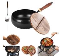 Usceshonn Iron Pot, 2025 Uncoated Thick Iron Pot, Handmade Hammered Large Belly Pots with Wooden Lid/Glass Cover, Easy to Clean, for Baking, Cooking, Stewing (Wood Cover*A,11.02in/28cm)