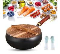 Usceshonn Iron Pot, 24/26/28cm Handmade Hammered Uncoated Thick Iron Pot with Wooden Lid/Glass Cover, Usceshonn Cast Irons Pots for Multi-Cooking, Japanese Irons Pan (Wooden Lid,26cm)