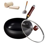 Usceshonn Iron Pot, 7.87-11.81 inch Uncoated Iron Pan with Lid, Triple Stainless Steel Non-Stick Pans with Wooden Lid/Glass Cover/Spatula , for Cooking, Stewing (Textured glass cover,11.81in)