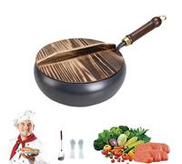 Usceshonn Iron Pot, Handmade Hammered Large Belly Pot, Uncoated Non-Stick Cast Iron with Cover, for Cooking, Stewing, and Baking, Compatible with Gas & Induction Stoves (10.24in,Smooth-Wood lid)