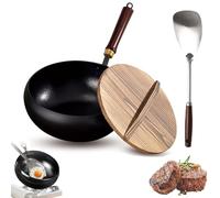 Usceshonn Iron Pot, Handmade Hammered Large Belly Pot, with Wooden Lid/Glass Cover, Triple Stainless Steel Non-Stick Pans, Large Capacity, for Stewing, Cooking (24cm with shovel,Wooden)