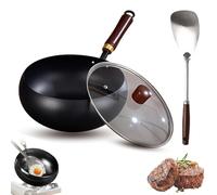 Usceshonn Iron Pot, Handmade Hammered Large Belly Pot, with Wooden Lid/Glass Cover, Triple Stainless Steel Non-Stick Pans, Large Capacity, for Stewing, Cooking (24cm with shovel,Glass)