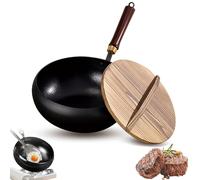 Usceshonn Iron Pot, Handmade Hammered Large Belly Pot, with Wooden Lid/Glass Cover, Triple Stainless Steel Non-Stick Pans, Large Capacity, for Stewing, Cooking (26cm without shovel,Wooden)
