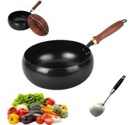 Usceshonn Iron Pot, Handmade Hammered Large Belly Pot with Wooden Lid/Glass Cover,Without Coating Large Capacity & Deep, for Baking, Cooking, Stewing (wooden lid,28cm)
