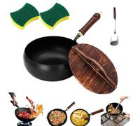 Usceshonn Iron Pot, Multi-Size Handmade Hammered Large Belly Pot With Wooden Lid, Purpose For Baking, Cooking, Stewing (Hammer pattern,30cm)