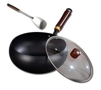 Usceshonn Iron Pot,Uncoated Thick Iron Pot,24/26/28cm Handmade Hammered Large Belly Potes with Wooden Lid/Glass Cover,Triple Stainless Steel Non-Stick Pans without Coating (B,26CM)