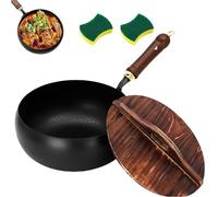 Usceshonn Iron Pot, Uncoated Thick Iron Pot with Lid, Triple Stainless Steel, Large Capacity & Deep, Multi - Purpose for Baking, Cooking, Stewing (9.45inch,Wooden lid)