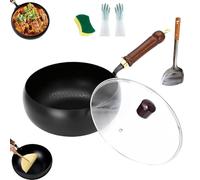 Usceshonn Iron Pot, Uncoated Thick Iron Pot with Wooden Lid/Glass Cover, Hand-Forged Non-Stick Pan, Triple Stainless Steel, Large Capacity & Deep, for Baking, Cooking, Stewing (Glass Lid,24cm)