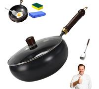 Usceshonn Iron Pot, Uncoated Thick Iron Pot, with Wooden Lid/Glass Cover, Hand-Forged Non-Stick Pans without Coating, High Purity Frying Pans for Cooking (Glass lid,28cm)
