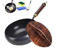 Usceshonn Iron Pot, Uncoated Thick Iron Pot, with Wooden Lid/Glass Cover, Hand-Forged Non-Stick Pans without Coating, High Purity Frying Pans for Cooking (Wooden lid,24cm)