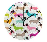 Use7 Home Decor coloré Dessin animé Teckel Chiot Rond Acrylique Horloge Murale Non tic-tac Horloge silencieuse Art pour Le Salon Cuisine Chambre à Coucher