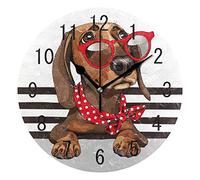 Use7 Home Decor Hipster Teckel Chien en Rouge Lunettes de Soleil Rondes en Acrylique Horloge Murale Non tic-tac Horloge silencieuse Art pour Le Salon Cuisine Chambre à Coucher